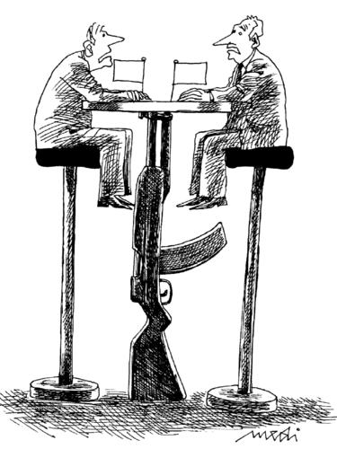 Cartoon: peace talks (medium) by Medi Belortaja tagged gun,talking,negotiations,weapon,war,peace,rounded,table,politicians