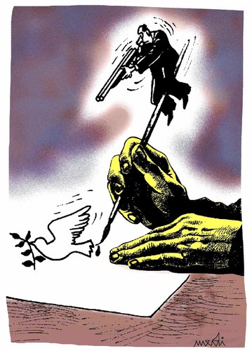 Cartoon: ready to kills pigeon (medium) by Medi Belortaja tagged speech,press,colombo,dove,pigeon,kills,writer,freedom