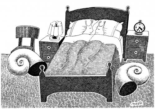 Cartoon: Snails sleeping (medium) by Medi Belortaja tagged couple,bed,bedroom,sleeping,snails,shell,humor