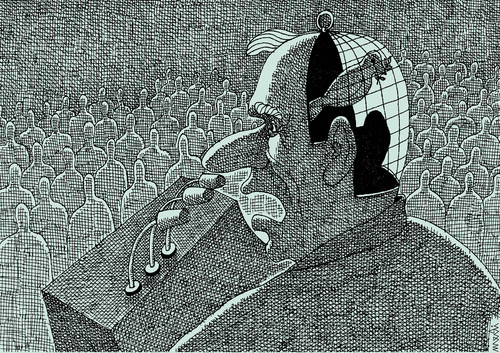 Cartoon: speaking for peace (medium) by Medi Belortaja tagged leader,pigeon,dove,colombo,war,peace,speech,cage,speaking,meeting,people