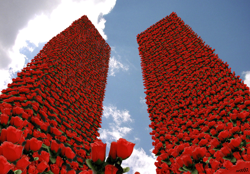 Cartoon: Twin Flowers (medium) by Medi Belortaja tagged september,11,terrorism,terror,remembrance,esteem,poppy,buildings,flowers,towers,twin,anniversary