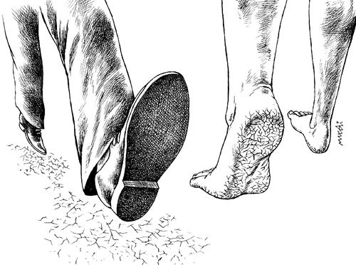 Cartoon: two different peoples (medium) by Medi Belortaja tagged foot,peoples,different,tracks,shoe,leg,poverty