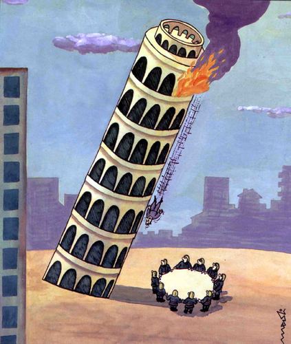 Cartoon: gravitational problems (medium) by Medi Belortaja tagged extinguisher,suicide,tower,piza,help,problems,gravitational