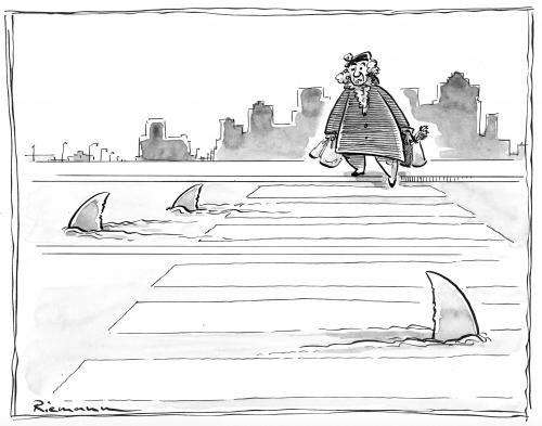 Cartoon: Asphalthaie (medium) by Riemann tagged hai,shark,traffic,verkehr,danger,gefahr,crosswalk,zebrastreifen,autos,cars,street,strasse,weiße hai,verkehr,straßenverkehr,straße,fußgänger,zebrastreifen,autos,auto,verkehrsunfall,gefahr,risiko,unfall,asphalt,haifisch,fisch,angst,furcht,vorsicht,lebensgefahr,weiße,hai