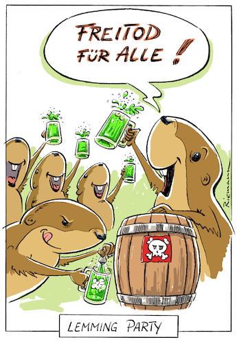 Cartoon: Freibier (medium) by Riemann tagged lemminge,freibier,freitod,feiern,gift,natur,tiere,selbstmord,nagetier,party,lemmings,suicide,free,drinks,cartoon,george,riemann,lemminge,freibier,freitod,feiern,gift,natur,tiere,selbstmord,nagetier,party,lemmings,suicide,free,drinks,cartoon,george,riemann