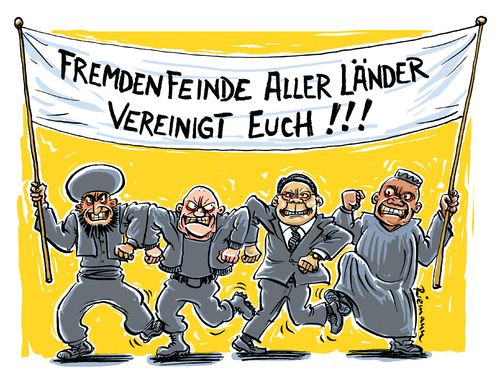 Cartoon: Hasst Du Noch Alle ?!! (medium) by Riemann tagged fremde,hass,kultur,nachbar,bruder,welt,religion,is,nazi,gemeinschaft,demo,cartoon,george,riemann,fremde,hass,kultur,nachbar,bruder,welt,religion,is,nazi,gemeinschaft,demo,cartoon,george,riemann