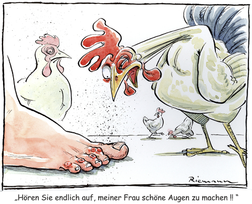 Cartoon: Hühneraugen (medium) by Riemann tagged huhn,augen,tier,mensch,beziehung,hahn,gesundheit,huhn,hühner,augen,tier,tiere,hahn,gesundheit