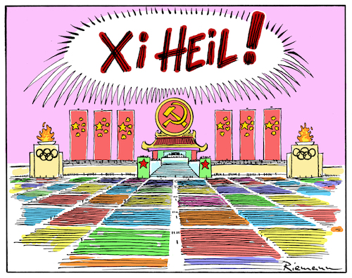 Cartoon: Ski Heil! (medium) by Riemann tagged olympia,2022,beijing,peking,china,winterolympiade,xi,jinping,opening,parade,propaganda,show,diktatur,tyranney,ioc,bach,korruption,geld,omikron,covid,corona,wuhan,winter,sport,cartoon,eroeffnung,feier,berlin,1936,george,riemann,olympia,2022,beijing,peking,china,winterolympiade,xi,jinping,opening,parade,show,diktatur,tyranney,ioc,bach,korruption,geld,omikron,covid,corona,wuhan,winter,sport,cartoon,george,riemann