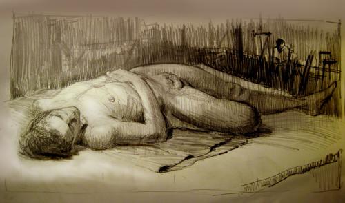 Cartoon: Reclining Male Nude (medium) by halltoons tagged male,nude,drawing,illustration