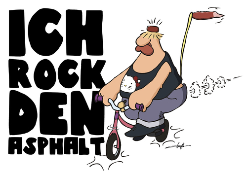 Cartoon: Asphaltrocker (medium) by luftzone tagged cartoonalarm,stirnband,kitty,hello,pink,fuchsschwanz,kinderfahrrad,fahhrad,asphalt,straße,strasse,rocker,rocker,asphalt,fahrrad,cool,szene,trend