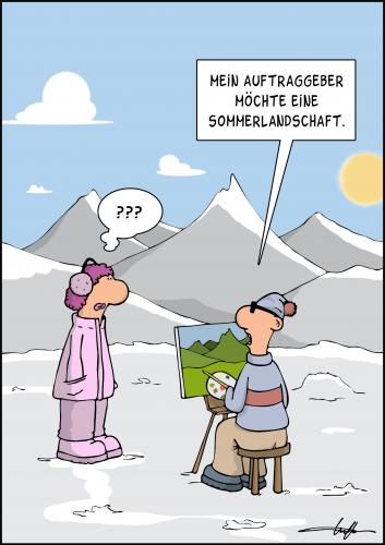 Cartoon: Betrug (medium) by luftzone tagged winter,sommer,landschaft,berge,cartoon,zeichner,maler,betrug,,winter,berge,alpen,schnee,gipfel,maler,künstler,auftrag,kunde,service,wunsch,landschaft,natur,täuschung,betrug,winter,sommer,jahreszeiten