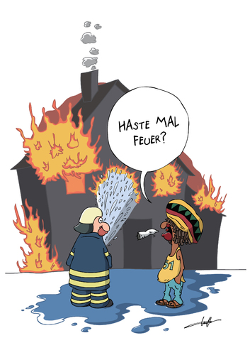 Cartoon: Haste mal Feuer (medium) by luftzone tagged cartoonalarm,cartoon,thomas,luft,luftzone,humor,comic,spaß,lustig,freude,lachen,comedy,lacher,brüller,zeichnung,sprechblase,karikatur,feuer,feuerwehrmann,brand,brandmeister,löschen,haus,jamaikaner,joint,zigarette,mütze,wasser,löschwasser,rasterzöpfe,helm,feuerwehrmann,brandmeister,löschen,zigarette,feuer