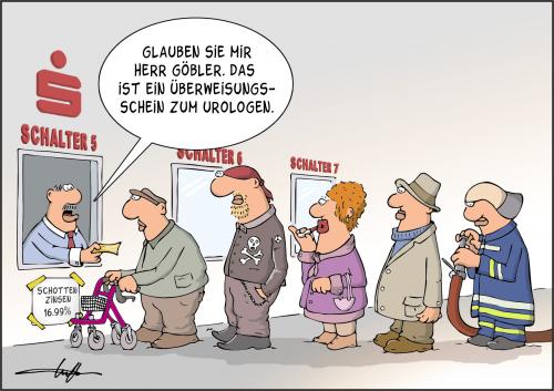 Cartoon: In der Bank. (medium) by luftzone tagged humor,cartoon,mann,frau,urologe,bank,sparkasse,feuerwehrmann,rollator,lippenstift,urologe,gesundheit,überweisung,überweisungsschein,krankheit,alter,schlange,patient,kunde,arzt,sparkasse,bank,geld,wortspiel,schalter,rentner,ältere,pension,pensionär,oma,opa,großeltern,großmutter,großvater,gebrechen,gebrechlich,altersversorgung,altersgeld,rentenempfänger,rentnerin,ruhestand,vorsorge,generation,generationen