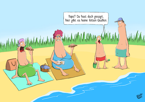 Cartoon: Quallen (medium) by luftzone tagged thomas,luft,cartoon,lustig,quallen,strand,meer,sommer,sand,bockwurst,frauen,oma,junge,mann,wasser,thomas,luft,cartoon,lustig,quallen,strand,meer,sommer,sand,bockwurst,frauen,oma,junge,mann,wasser