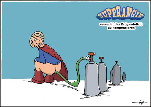 Cartoon: Superangie_Erdgas (medium) by luftzone tagged gaskrise,superangie,angela,merkel,erdgas,russland,ukraine,superangie,angela merkel,superman,russland,ukraine,erdgas,krise,gas,ressourcen,rohstoffe,deutschland,regierung,hilfe,unterstützung,angela,merkel