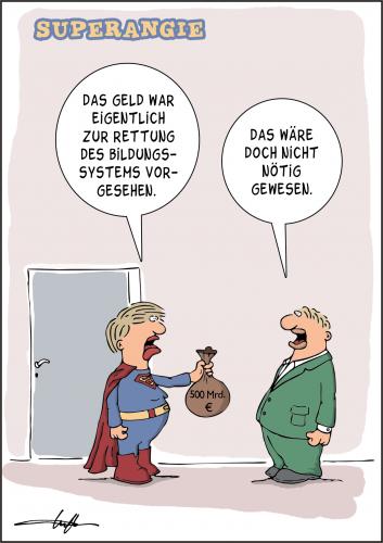 Cartoon: Superangie hilft den Banken (medium) by luftzone tagged bankenkrise,bundeskanzlerin,angela,merkel,krise,euro,geld,bank,finanzen,politik,bankenkrise,bundeskanzler,angela merkel,krise,euro,geld,bank,finanzen,finanzkrise,wirtschaft,wirtschaftskrise,banken,bildungskrise,superman,held,cdu,manager,bildungssystem,rettungspaket,angela,merkel