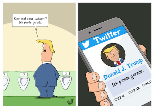 Cartoon: Twitter (medium) by luftzone tagged thomas,luft,cartoon,lustig,twitter,donald,trump,pinkeln,klo,wc,toilette,missverständnis,twittern,usa,us,präsident,handy,social,media,thomas,luft,cartoon,lustig,twitter,donald,trump,pinkeln,klo,wc,toilette,missverständnis,twittern,usa,us,präsident,handy,social,media