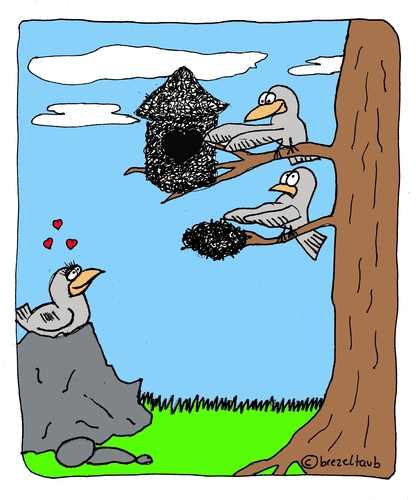 Cartoon: Balzgehabe (medium) by brezeltaub tagged balz,vögel,liebe,geschenk,nest,angebetete,herz,schmerz,valentinstag,verliebt,verliebte