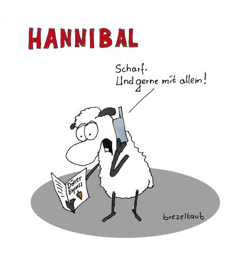 Cartoon: Hannibal by brezeltaub (medium) by brezeltaub tagged kannibalismus,kannibale,lämmer,lamm,schafsfleisch,schaf,yufka,food,fast,bestellung,dönerspiess,döner,lecter,hannibal