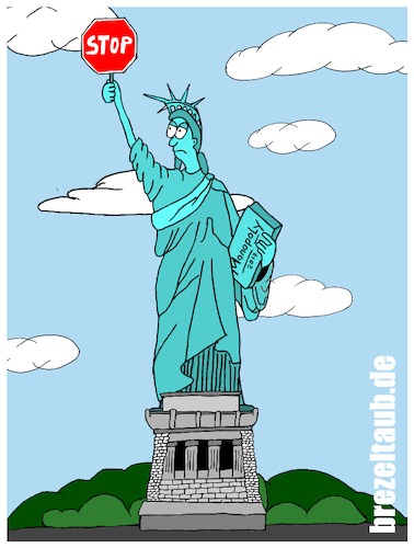 Cartoon: Einreiseverbot USA - entry ban (medium) by brezeltaub tagged miss,liberty,freiheitsstatue,donald,trump,präsident,president,usa,united,states,of,america,democracy,monopoly,brezeltaub,einreiseverbot,muslime,mauer,mexico,mauerbau,illegale,einwanderer,entry,ban,us