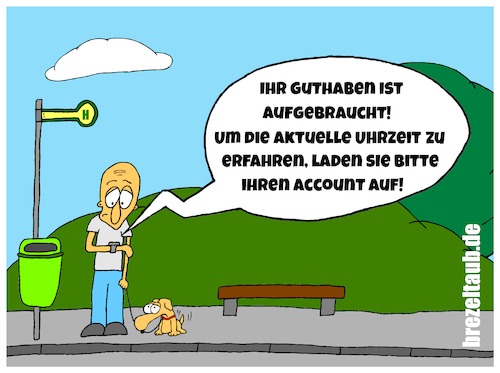 Cartoon: Smartwatch - Zeit ist Geld 2.0 (medium) by brezeltaub tagged smartwatch,watch,apple,uhr,uhrzeit,app,brezeltaub,guthaben,haltestelle,bushaltestelle,wartezeit