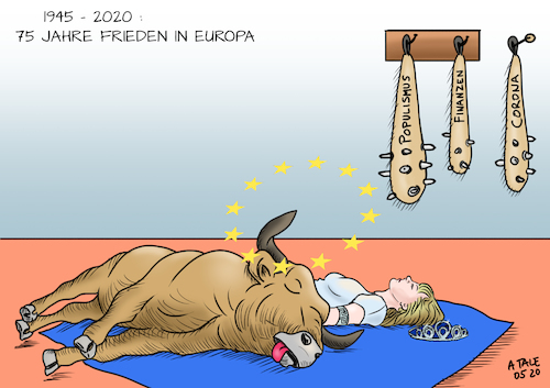 Cartoon: 75 Jahre Frieden (medium) by Ago tagged feierlichkeiten,75,jahre,kriegsende,1945,kapitulation,nazi,deutschland,frieden,längste,friedenszeit,europa,eu,streitigkeiten,querelen,finanzen,nationalismus,eigeninteressen,populismus,brexit,hauen,und,stechen,krise,europäischer,geist,coronakrise,einbruch,wirtschaft,eurozone,symbol,göttin,stier,knüppel,politik,caricature,karikatur,cartoon,pressezeichnung,illustration,tale,agostino,natale,feierlichkeiten,75,jahre,kriegsende,1945,kapitulation,nazi,deutschland,frieden,längste,friedenszeit,europa,eu,streitigkeiten,querelen,finanzen,nationalismus,eigeninteressen,populismus,brexit,hauen,und,stechen,krise,europäischer,geist,coronakrise,einbruch,wirtschaft,eurozone,symbol,göttin,stier,knüppel,politik,caricature,karikatur,cartoon,pressezeichnung,illustration,tale,agostino,natale