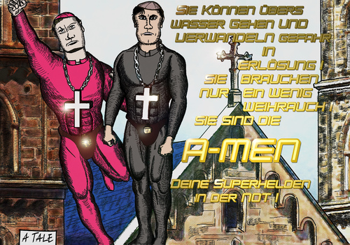 Cartoon: A-Men (medium) by Ago tagged superhelden,religione,church,xmen,amen,superheros,superman,kirche,religion,comic