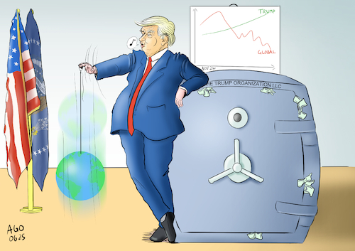 Cartoon: Abzocker (medium) by Ago tagged präsident,donald,trump,usa,handelskrieg,global,strafzölle,gegenzölle,zurücknahme,wiedereinführung,erratisch,wirr,schwächung,wirtschaft,rezession,kurssturz,finanzmärkte,protektionismus,populismus,unternehmer,immobilien,konzern,familie,persönliche,bereicherung,profiteur,insider,wissen,vermischung,amt,geschäfte,tresor,jojo,rauf,runter,durchschütteln,welt,globus,politik,caricature,karikatur,cartoon,pressezeichnung,illustration,ago,agostino,natale,präsident,donald,trump,usa,handelskrieg,global,strafzölle,gegenzölle,zurücknahme,wiedereinführung,erratisch,wirr,schwächung,wirtschaft,rezession,kurssturz,finanzmärkte,protektionismus,populismus,unternehmer,immobilien,konzern,familie,persönliche,bereicherung,profiteur,insider,wissen,vermischung,amt,geschäfte,tresor,jojo,rauf,runter,durchschütteln,welt,globus,politik,caricature,karikatur,cartoon,pressezeichnung,illustration,ago,agostino,natale