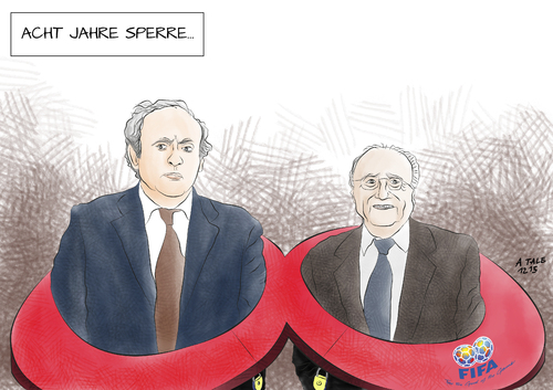 Cartoon: Acht Jahre Sperre (medium) by Ago tagged cartoon,karikatur,sport,jahre,acht,sperre,usa,justiz,untersuchungen,amtsenthebung,suspendierung,ruecktrittsforderungen,skandal,zahlungen,bestechung,korruption,platini,michel,uefa,blatter,sepp,joseph,praesident,weltverband,fussball,fifa,fifa,fussball,weltverband,praesident,joseph,sepp,blatter,uefa,michel,platini,korruption,bestechung,zahlungen,skandal,ruecktrittsforderungen,suspendierung,amtsenthebung,untersuchungen,justiz,usa,sperre,acht,jahre,sport,karikatur,cartoon