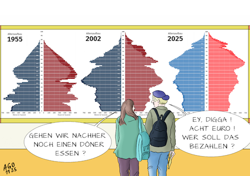 Cartoon: Alterspyramide (medium) by Ago tagged bundesregierung,cdu,spd,rentenpaket,festsetzung,rentenniveau,rentenstreit,generationenvertrag,sorgen,junge,generation,zukunft,finanzierung,sozialsysteme,alterspyramide,inflation,preissteigerung,gastronomie,lebensmittel,döner,grafik,museum,moderne,kunst,teenager,politik,caricature,karikatur,cartoon,pressezeichnung,illustration,ago,agostino,natale,bundesregierung,cdu,spd,rentenpaket,festsetzung,rentenniveau,rentenstreit,generationenvertrag,sorgen,junge,generation,zukunft,finanzierung,sozialsysteme,alterspyramide,inflation,preissteigerung,gastronomie,lebensmittel,döner,grafik,museum,moderne,kunst,teenager,politik,caricature,karikatur,cartoon,pressezeichnung,illustration,ago,agostino,natale