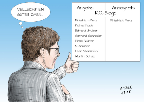 Cartoon: Annegret wie Angela (medium) by Ago tagged cdu,parteitag,hamburg,2018,annegret,kramp,karrenbauer,neue,parteivorsitzende,nachfolgerin,merkel,sieg,kandidatur,merz,spahn,niederlagen,unterlegen,knappe,mehrheit,partei,gespalten,schwieriger,start,analogie,ähnlichkeit,angelas,karriere,politik,karikatur,cartoon,pressezeichnung,illustration,tale,agostino,natale,cdu,parteitag,hamburg,2018,annegret,kramp,karrenbauer,neue,parteivorsitzende,nachfolgerin,merkel,sieg,kandidatur,merz,spahn,niederlagen,unterlegen,knappe,mehrheit,partei,gespalten,schwieriger,start,analogie,ähnlichkeit,angelas,karriere,politik,karikatur,cartoon,pressezeichnung,illustration,tale,agostino,natale