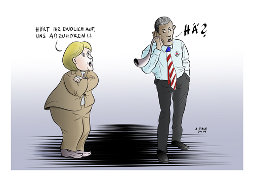 Cartoon: Auf dem Ohr taub (medium) by Ago tagged karikatur,politik,ausspähen,smartphone,handy,abhöraffäre,abhören,bundeskanzlerin,besuch,geheimdienst,spionage,abkommen,spy,no,nsa,eu,deutschland,treffen,washington,usa,obama,barack,merkel,angela,angela,merkel,barack,obama,usa,besuch,treffen,deutschland,eu,nsa,no,spy,abkommen,spionage,abhören,abhöraffäre,handy,ausspähen,politik,karikatur