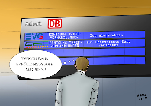 Cartoon: Auf unbestimmte Zeit verspätet (medium) by Ago tagged deutsche,bahn,db,tarifverhandlungen,tarifstreit,zwei,gewerkschaften,evg,einigung,gdl,verhandlungen,gescheitert,schlichtung,streik,ausfälle,chaos,reisende,pünktlichkeit,verspätungen,unzuverlässigkeit,schaden,wirtschaft,anzeigetafel,karikatur,cartoon,pressezeichnung,illustration,tale,agostino,natale,deutsche,bahn,db,tarifverhandlungen,tarifstreit,zwei,gewerkschaften,evg,einigung,gdl,verhandlungen,gescheitert,schlichtung,streik,ausfälle,chaos,reisende,pünktlichkeit,verspätungen,unzuverlässigkeit,schaden,wirtschaft,anzeigetafel,karikatur,cartoon,pressezeichnung,illustration,tale,agostino,natale