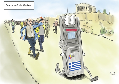 Cartoon: Bank run (medium) by Ago tagged karikatur,cartoon,bankautomat,ausstieg,wirtschaft,europa,räumen,konten,banken,verhandlungen,hilfen,drachme,euro,eu,bankrott,staatspleite,drohende,finanzkrise,grexit,rückzahlung,notkredite,schulden,schuldenkrise,griechenland,griechenland,schuldenkrise,schulden,rückzahlung,grexit,finanzkrise,drohende,staatspleite,bankrott,eu,euro,drachme,hilfen,verhandlungen,banken,konten,räumen,europa,wirtschaft,ausstieg,bankautomat,cartoon,karikatur