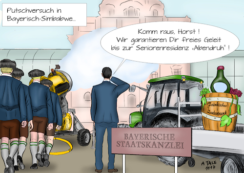 Cartoon: Bayerische Putschisten (medium) by Ago tagged bundestagswahl,2017,kritik,verluste,csu,horst,seehofer,parteivorsitzender,ministerpraesident,parteirevolte,machtkampf,rivale,markus,soeder,sturz,ilse,aigner,mögliche,nachfolger,bayern,landtagswahl,2018,differenzen,kontroverse,rechtsruck,druck,gewinne,afd,rechtspopulistisch,extremistisch,nationalkonservativ,demagogisch,xenophobie,staatskanzlei,putsch,simbabwe,traktor,schneekanone,fränkische,tracht,politik,karikatur,pressezeichnung,zeichnung,cartoon,illustration,tale,agostino,natale,bundestagswahl,2017,kritik,verluste,csu,horst,seehofer,parteivorsitzender,ministerpraesident,parteirevolte,machtkampf,rivale,markus,soeder,sturz,ilse,aigner,mögliche,nachfolger,bayern,landtagswahl,2018,differenzen,kontroverse,rechtsruck,druck,gewinne,afd,rechtspopulistisch,extremistisch,nationalkonservativ,demagogisch,xenophobie,staatskanzlei,putsch,simbabwe,traktor,schneekanone,fränkische,tracht,politik,karikatur,pressezeichnung,zeichnung,cartoon,illustration,tale,agostino,natale