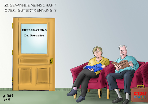 Cartoon: Beim Eheberater (medium) by Ago tagged cdu,csu,asylstreit,merkel,seehofer,söder,bayern,deutschland,eu,gipfel,ergebnisse,getrennte,sitzungen,zukunft,union,drohende,spaltung,flüchtlingspolitik,auffanglager,zurückweisung,grenzen,rückführung,flüchtlinge,populisten,extremisten,probleme,globalisierung,migration,radikalisierung,abgrenzung,fremdenfeindlichkeit,nationalismus,protektionismus,rückfall,billige,parolen,einfache,antworten,verschärfung,wartezimmer,eheberatung,schlichtung,politik,karikatur,cartoon,pressezeichnung,illustration,tale,agostino,natale,cdu,csu,asylstreit,merkel,seehofer,söder,bayern,deutschland,eu,gipfel,ergebnisse,getrennte,sitzungen,zukunft,union,drohende,spaltung,flüchtlingspolitik,auffanglager,zurückweisung,grenzen,rückführung,flüchtlinge,populisten,extremisten,probleme,globalisierung,migration,radikalisierung,abgrenzung,fremdenfeindlichkeit,nationalismus,protektionismus,rückfall,billige,parolen,einfache,antworten,verschärfung,wartezimmer,eheberatung,schlichtung,politik,karikatur,cartoon,pressezeichnung,illustration,tale,agostino,natale