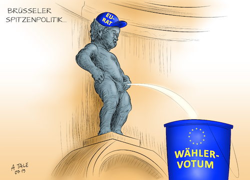 Cartoon: Brüsseler Spitzenpolitik (medium) by Ago tagged eu,europa,wahl,kommissionspräsident,kompromiss,vorschlag,von,der,leyen,parlament,zustimmung,weigerung,spitzenkandidaten,weber,timmermans,machtkampf,macron,merkel,postengeschacher,hinterzimmerdiplomatie,mangelnde,transparenz,wählervotum,zweitrangig,krise,glaubwürdigkeit,politikverdruss,manneken,pis,brüssel,politik,karikatur,cartoon,pressezeichnung,illustration,tale,agostino,natale,eu,europa,wahl,kommissionspräsident,kompromiss,vorschlag,von,der,leyen,parlament,zustimmung,weigerung,spitzenkandidaten,weber,timmermans,machtkampf,macron,merkel,postengeschacher,hinterzimmerdiplomatie,mangelnde,transparenz,wählervotum,zweitrangig,krise,glaubwürdigkeit,politikverdruss,manneken,pis,brüssel,politik,karikatur,cartoon,pressezeichnung,illustration,tale,agostino,natale