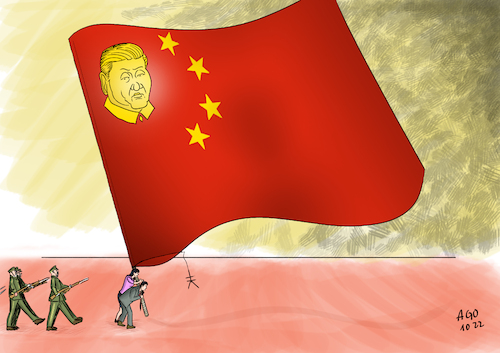 Cartoon: Der chinesische Weg (medium) by Ago tagged china,parteitag,kp,kommunistische,partei,staatspräsident,parteivorsitzender,xi,jinping,wiederwahl,machtfülle,regime,autoritär,militär,überwachung,zensur,beschränkung,presse,freiheit,wirtschaftsmacht,flagge,chinesische,währung,politik,caricature,karikatur,cartoon,pressezeichnung,illustration,ago,agostino,natale,china,parteitag,kp,kommunistische,partei,staatspräsident,parteivorsitzender,xi,jinping,wiederwahl,machtfülle,regime,autoritär,militär,überwachung,zensur,beschränkung,presse,freiheit,wirtschaftsmacht,flagge,chinesische,währung,politik,caricature,karikatur,cartoon,pressezeichnung,illustration,ago,agostino,natale