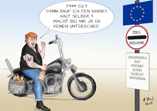 Cartoon: Der Halbstarke (medium) by Ago tagged donald,trump,präsident,usa,strafzölle,aluminium,metall,eu,europa,gegenmaßnahme,zoll,whisky,harley,davidson,jeans,eskalation,konfrontation,beeinträchtigung,wirtschaft,freier,handel,klage,welthandelsorganisation,wto,verträge,biker,rocker,halbstarker,rüpel,tattoo,politik,karikatur,cartoon,pressezeichnung,illustration,tale,agostino,natale,donald,trump,präsident,usa,strafzölle,aluminium,metall,eu,europa,gegenmaßnahme,zoll,whisky,harley,davidson,jeans,eskalation,konfrontation,beeinträchtigung,wirtschaft,freier,handel,klage,welthandelsorganisation,wto,verträge,biker,rocker,halbstarker,rüpel,tattoo,politik,karikatur,cartoon,pressezeichnung,illustration,tale,agostino,natale