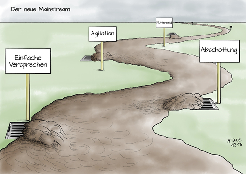 Cartoon: Der neue Mainstream (medium) by Ago tagged populismus,hoffaehig,neuer,mainstream,neue,mitte,gesellschaftsfaehig,wahlen,sieger,donald,trump,brexit,eu,parteien,afd,le,pen,salvini,grillo,hofer,orban,oesterreich,ungarn,polen,fremdenfeindlichkeit,xenophobie,vereinfachen,suendenboecke,abgrenzung,abschottung,radikalisierung,agitation,polemik,parolen,rechtsextrem,gesellschaft,politik,karikatur,cartoon,illustration,tale,populismus,hoffaehig,neuer,mainstream,neue,mitte,gesellschaftsfaehig,wahlen,sieger,donald,trump,brexit,eu,parteien,afd,le,pen,salvini,grillo,hofer,orban,oesterreich,ungarn,polen,fremdenfeindlichkeit,xenophobie,vereinfachen,suendenboecke,abgrenzung,abschottung,radikalisierung,agitation,polemik,parolen,rechtsextrem,gesellschaft,politik,karikatur,cartoon,illustration,tale