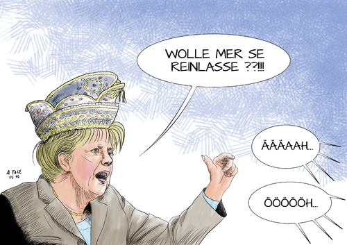 Cartoon: Diffuse Stimmung im Land (medium) by Ago tagged angela,merkel,karneval,fasching,rosenmontag,buettenrede,narrenkappe,spruch,wolle,mer,se,reinlasse,koeln,dialekt,anspielung,fluechtlinge,fluechtlingskrise,debatte,streit,diskussion,obergrenze,grenze,schliessen,zurueckweisen,stimmung,kippen,ablehnung,politik,regierung,bevoelkerung,karikatur,cartoon,angela,merkel,karneval,fasching,rosenmontag,buettenrede,narrenkappe,spruch,wolle,mer,se,reinlasse,koeln,dialekt,anspielung,fluechtlinge,fluechtlingskrise,debatte,streit,diskussion,obergrenze,grenze,schliessen,zurueckweisen,stimmung,kippen,ablehnung,politik,regierung,bevoelkerung,karikatur,cartoon