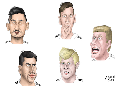 Cartoon: Doppelsechs und falsche Acht (medium) by Ago tagged wm,weltmeisterschaft,fußball,2018,russland,khedira,kroos,thomas,müller,mesut,özil,gündogan,sport,karikatur,cartoon,pressezeichnung,illustration,tale,agostino,natale