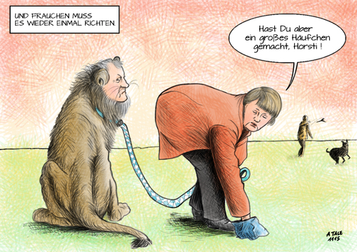 Cartoon: Ein großer Haufen (medium) by Ago tagged csu,horst,seehofer,angela,merkel,gipfeltreffen,krise,koalition,gespräch,bayern,fluechtlingskrise,asylsuchende,grenzen,zaeune,zuwanderung,transitzone,scharfer,ton,populismus,rechts,verfassungsklage,streit,regierung,spd,gabriel,werte,christlich,sozial,asylrecht,xenophobie,bayerischer,löwe,hundehaufen,mist,reden,karikatur,cartoon,tale