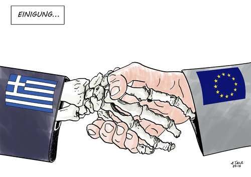 Cartoon: Einigung EU Griechenland (medium) by Ago tagged eu,griechenland,eurogruppe,verhandlungen,reformen,reformliste,tsipras,vertrauen,merkel,schäuble,deutschland,deadline,falken,hardliner,gipfel,schuldenkrise,schuldenlast,grexit,europa,euro,austritt,staatspleite,pleite,einigung,kompromiss,auflagen,austerity,sparen,einmischung,innenpolitik,privatisierung,diktat,wirtschaft,finanzen,politik,cartoon,karikatur,eu,griechenland,eurogruppe,verhandlungen,reformen,reformliste,tsipras,vertrauen,merkel,schäuble,deutschland,deadline,falken,hardliner,gipfel,schuldenkrise,schuldenlast,grexit,europa,euro,austritt,staatspleite,pleite,einigung,kompromiss,auflagen,austerity,sparen,einmischung,innenpolitik,privatisierung,diktat,wirtschaft,finanzen,politik,cartoon,karikatur