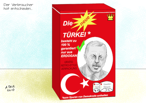 Cartoon: Erdogan Sieger Referendum (medium) by Ago tagged türkei,präsident,erdogan,sieg,verfassungsänderung,volksentscheid,referendum,mehrheit,ja,präsidialsystem,knappes,ergebnis,bevölkerung,gespalten,einschränkung,demokratie,gewaltenteilung,trennung,justiz,exekutive,legislative,freie,meinungsäußerung,freiheit,verhaftungen,opposition,eu,beitrittsverhandlungen,europa,krise,politik,karikatur,cartoon,tale,agostino,natale,türkei,präsident,erdogan,sieg,verfassungsänderung,volksentscheid,referendum,mehrheit,ja,präsidialsystem,knappes,ergebnis,bevölkerung,gespalten,einschränkung,demokratie,gewaltenteilung,trennung,justiz,exekutive,legislative,freie,meinungsäußerung,freiheit,verhaftungen,opposition,eu,beitrittsverhandlungen,europa,krise,politik,karikatur,cartoon,tale,agostino,natale