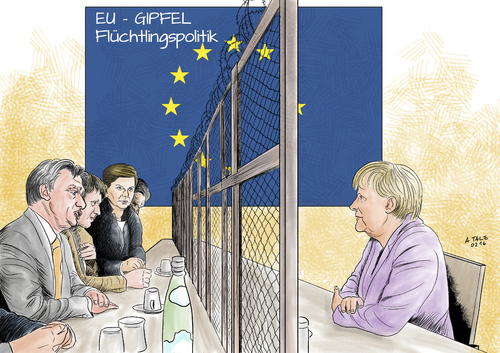 Cartoon: EU-Gipfel der Uneinigkeit (medium) by Ago tagged eu,gipfel,februar,2016,brüssel,europa,staats,und,regierungschefs,merkel,deutschland,orban,szydlo,fico,ungarn,polen,slowakei,tschechien,visegrad,gruppe,osteuropa,flüchtlingskrise,flüchtlingspolitik,debatte,konfrontation,affront,uneinigkeit,dissens,verhandlung,kontingente,verteilung,flüchtlinge,migration,asyl,syrien,bürgerkrieg,türkei,grenze,zaun,grenzzaun,stacheldraht,schengen,abriegelung,balkanroute,politik,cartoon,karikatur,eu,gipfel,februar,2016,brüssel,europa,staats,und,regierungschefs,merkel,deutschland,orban,szydlo,fico,ungarn,polen,slowakei,tschechien,visegrad,gruppe,osteuropa,flüchtlingskrise,flüchtlingspolitik,debatte,konfrontation,affront,uneinigkeit,dissens,verhandlung,kontingente,verteilung,flüchtlinge,migration,asyl,syrien,bürgerkrieg,türkei,grenze,zaun,grenzzaun,stacheldraht,schengen,abriegelung,balkanroute,politik,cartoon,karikatur