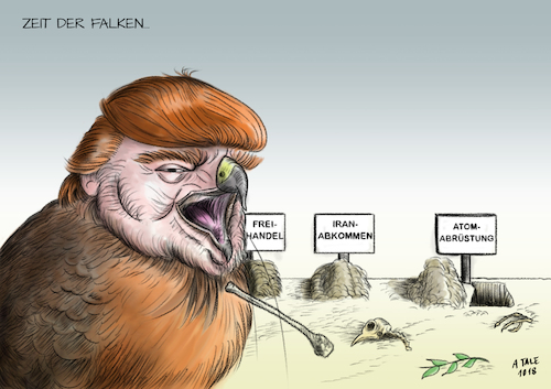 Cartoon: Falke Trump (medium) by Ago tagged donald,trump,usa,präsident,kündigung,abrüstung,atomwaffen,washingtoner,vertrag,nukleare,mittelstreckensysteme,inf,russland,hardliner,falken,crashkurs,aufkündigung,klimaabkommen,iranvertrag,freihandel,konfrontation,aufgabe,partnerschaft,kooperation,bündnisse,taube,frieden,ölzweig,karikatur,cartoon,pressezeichnung,illustration,tale,agostino,natale,donald,trump,usa,präsident,kündigung,abrüstung,atomwaffen,washingtoner,vertrag,nukleare,mittelstreckensysteme,inf,russland,hardliner,falken,crashkurs,aufkündigung,klimaabkommen,iranvertrag,freihandel,konfrontation,aufgabe,partnerschaft,kooperation,bündnisse,taube,frieden,ölzweig,karikatur,cartoon,pressezeichnung,illustration,tale,agostino,natale