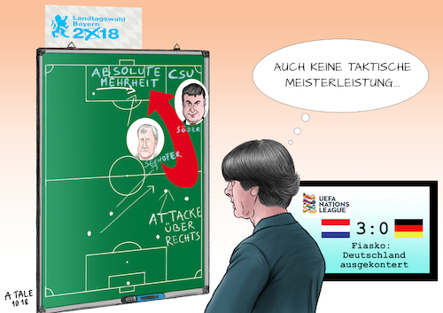 Cartoon: Falsche Taktik (medium) by Ago tagged markus,söder,horst,seehofer,csu,bayern,landtagswahl,umfragewerte,verlust,absolute,mehrheit,historische,niederlage,spd,niedergang,volksparteien,gewinne,aufwind,grüne,afd,freie,wähler,falsche,strategie,populismus,konkurrenz,rechtsextremismus,stammtischparolen,wahlkampf,fussball,taktik,löw,fiasko,debakel,deutschland,holland,nations,league,politik,karikatur,cartoon,pressezeichnung,illustration,tale,agostino,natale,markus,söder,horst,seehofer,csu,bayern,landtagswahl,umfragewerte,verlust,absolute,mehrheit,historische,niederlage,spd,niedergang,volksparteien,gewinne,aufwind,grüne,afd,freie,wähler,falsche,strategie,populismus,konkurrenz,rechtsextremismus,stammtischparolen,wahlkampf,fussball,taktik,löw,fiasko,debakel,deutschland,holland,nations,league,politik,karikatur,cartoon,pressezeichnung,illustration,tale,agostino,natale