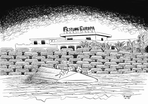 Cartoon: Festung Europa (medium) by Ago tagged särge,asyl,migration,boatpeople,europa,italien,mittelmeer,lampedusa,eupolitik,flüchtlingsdrama,flüchtlinge,flüchtlinge,lampedusa,mittelmeer,italien,europa,boatpeople,migration,asyl