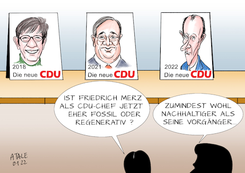 Cartoon: Fossil oder erneuerbar ? (medium) by Ago tagged cdu,christdemokraten,wahl,vorsitzender,parteitag,friedrich,merz,neuer,parteichef,deutliche,mehrheit,dritter,versuch,annegret,kramp,karrenbauer,armin,laschet,vorgänger,kurze,amtszeit,verschleiß,desolater,zustand,hoffnung,wende,zweifel,konservativ,zukunftsorientiert,offen,klimapolitik,erneuerbare,energien,umweltschutz,politik,caricature,karikatur,cartoon,pressezeichnung,illustration,tale,agostino,natale,cdu,christdemokraten,wahl,vorsitzender,parteitag,friedrich,merz,neuer,parteichef,deutliche,mehrheit,dritter,versuch,annegret,kramp,karrenbauer,armin,laschet,vorgänger,kurze,amtszeit,verschleiß,desolater,zustand,hoffnung,wende,zweifel,konservativ,zukunftsorientiert,offen,klimapolitik,erneuerbare,energien,umweltschutz,politik,caricature,karikatur,cartoon,pressezeichnung,illustration,tale,agostino,natale